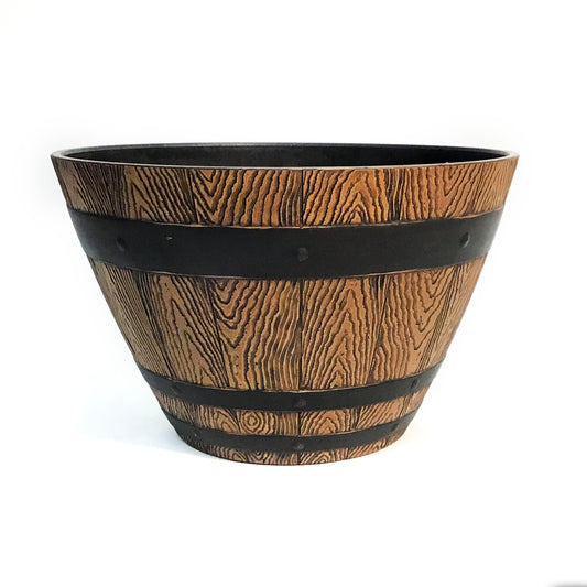 Planter, 13in, Plastic, Wood Barrel Style