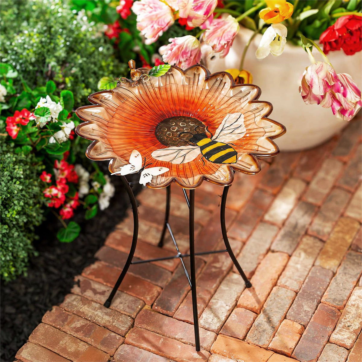 Metal Bird Bath, Sunflower & Bee, 16.5in