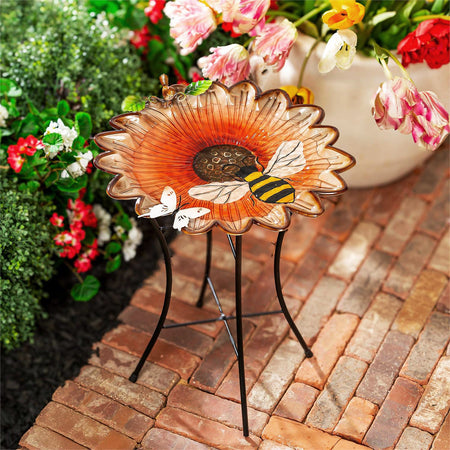 Glass Bird Bath, Sunflower & Bee, 16.5in