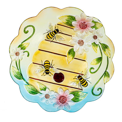 Glass Bird Bath, Floral Beehouse, 18in