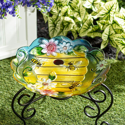 Glass Bird Bath, Floral Beehouse, 18in
