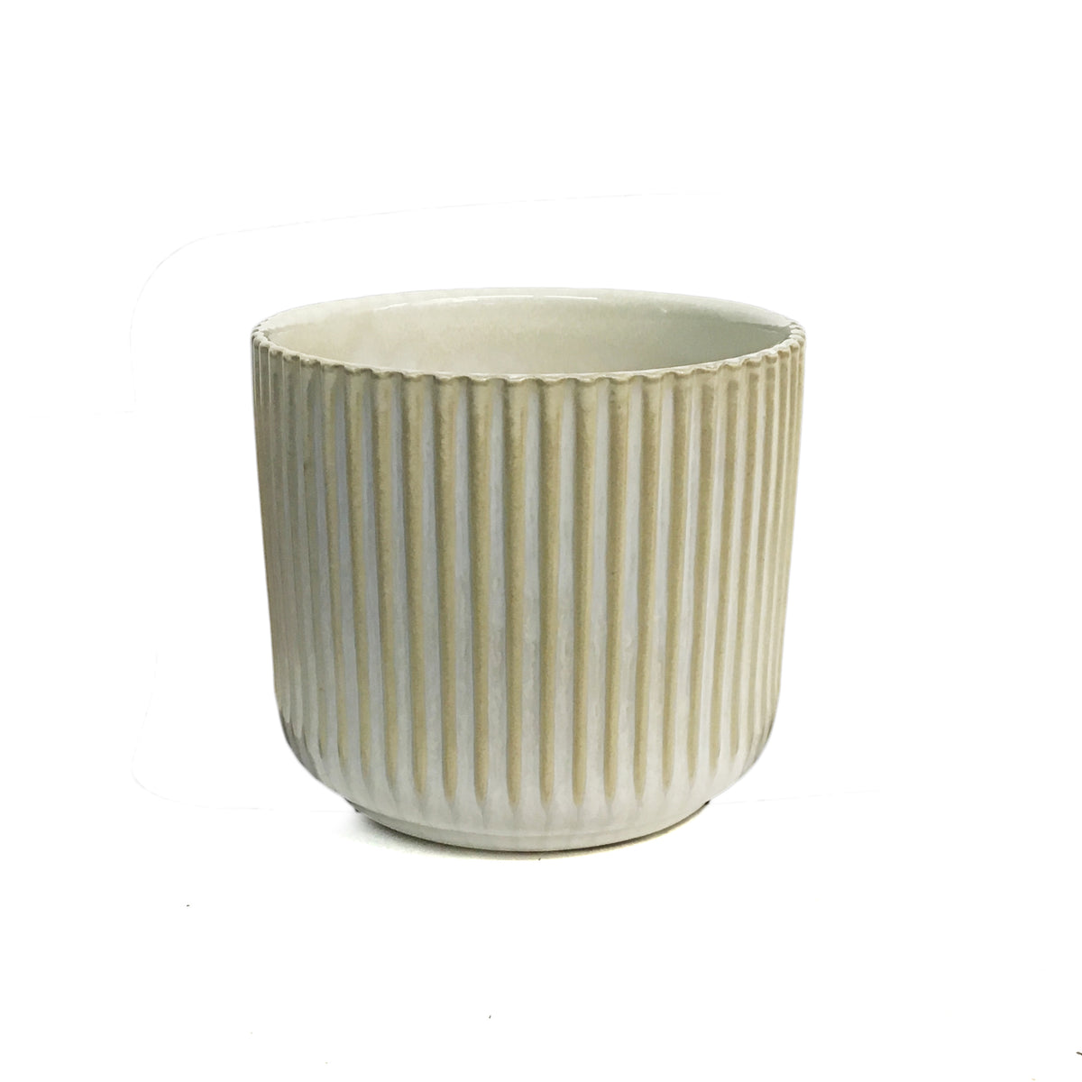 Pot, 4in, Ceramic, White and Cream  Vert Lines