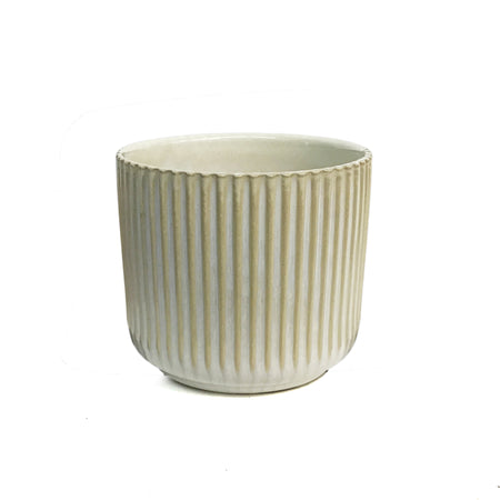 Pot, 4in, Ceramic, White and Cream  Vert Lines