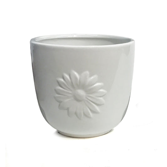 Pot, 4in, Ceramic, Dolomite, Shiny, White Daisy