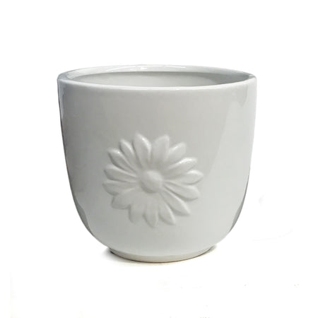 Pot, 4in, Ceramic, Dolomite, Shiny, White Daisy