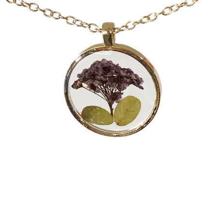Necklace, Pressed Purple Flower, Round Gold