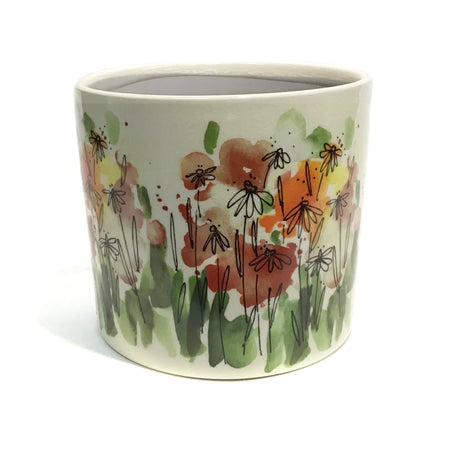 Pot, 6in, Ceramic, White, Multi-Flowers
