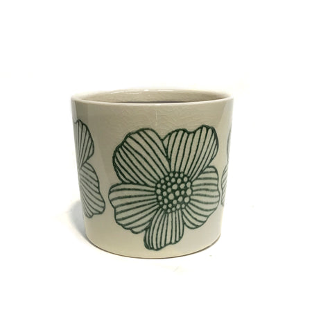 Pot, 4in, Ivory Ceramic, Green Flowers