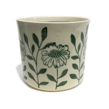 Pot, 6in, Ivory Ceramic, Green Flowers