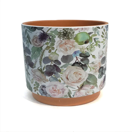 Pot, 6in, Ceramic, Blue & Green Flowers