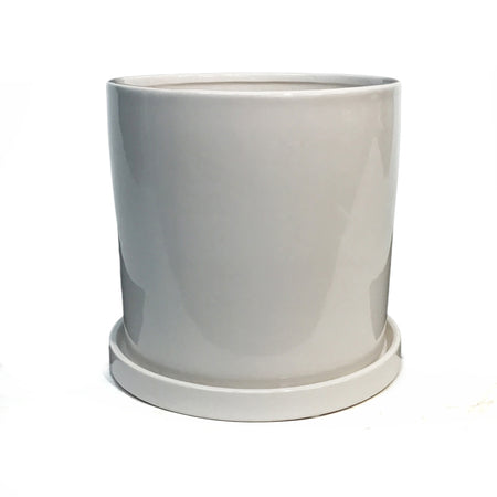 Pot, 6in, Ceramic, Glossy White W/ Saucer, Cylinde