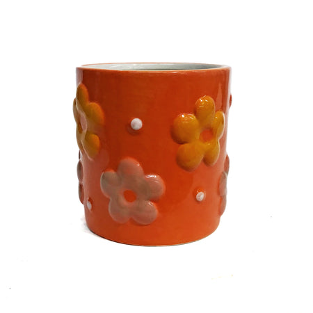 Pot, 5in, Red, Flowers Embossed