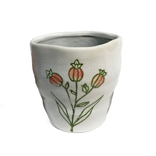 Pot, Stoneware, Large, Crackle Flowers, Pnk/Wht/Gr