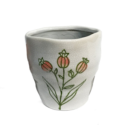 Pot, Stoneware, Large, Crackle Flowers, Pnk/Wht/Gr