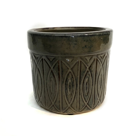 Pot, Ceramic, Embossed, Beige/ Blue