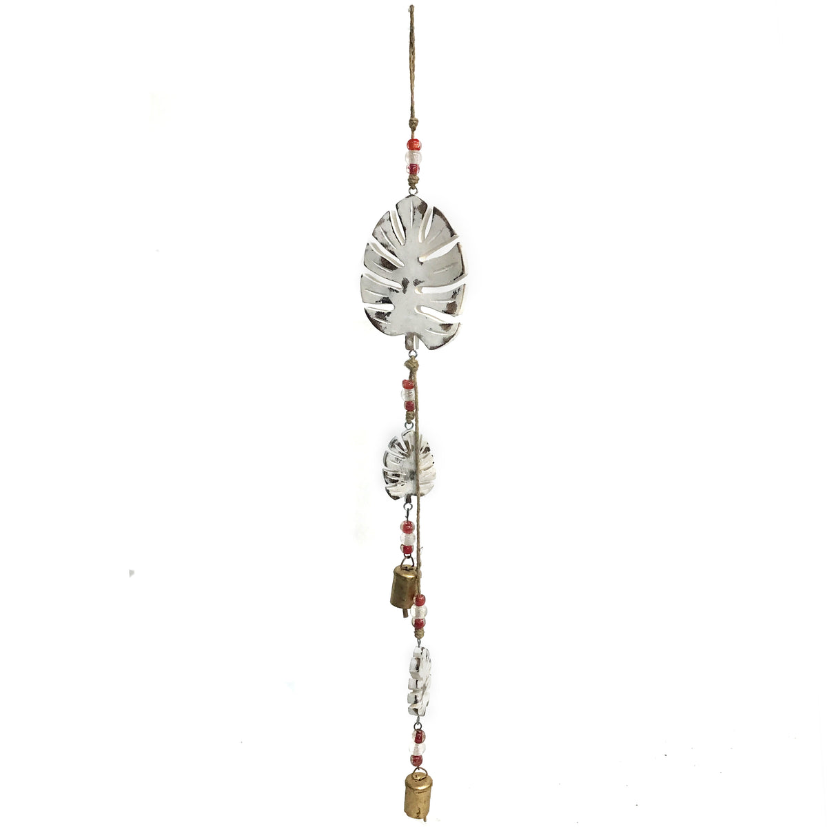 Mango Wood Bell Chime, Monst Leaves, Vintage White