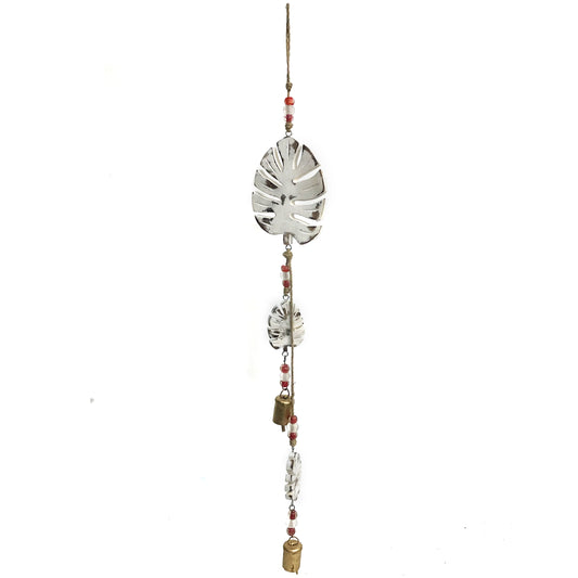 Mango Wood Bell Chime, Monst Leaves, Vintage White