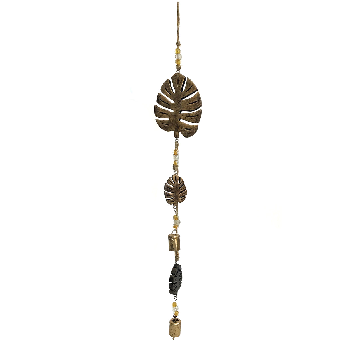 Mango Wood Bell Chime, Monst Leaves, Metallic Gold