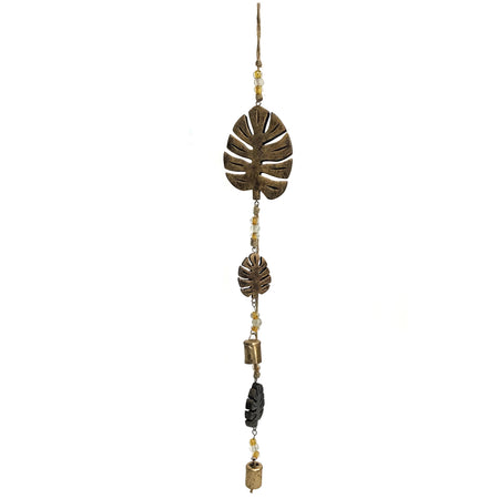 Mango Wood Bell Chime, Monst Leaves, Metallic Gold