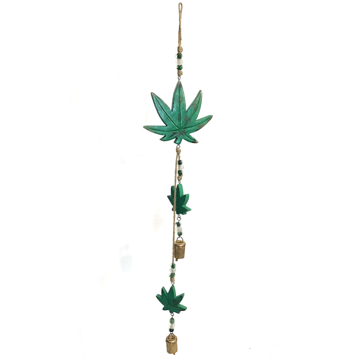 Mango Wood Bell Chime, Weed Leaf, Vintage Green