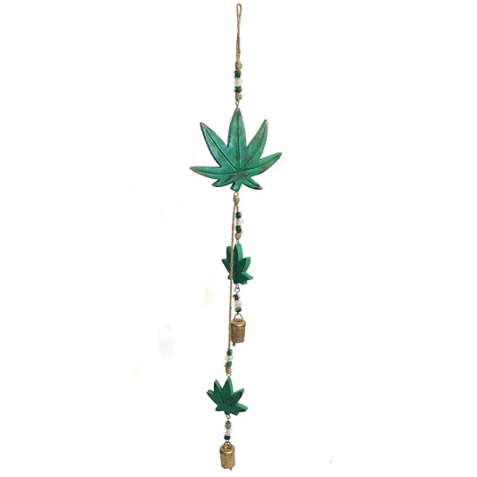 Mango Wood Bell Chime, Weed Leaf, Vintage Green