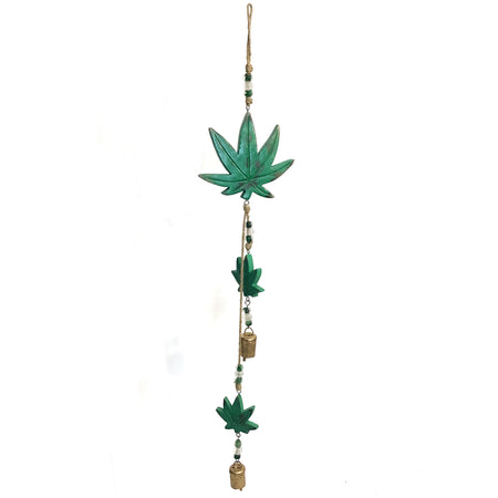 Mango Wood Bell Chime, Weed Leaf, Vintage Green