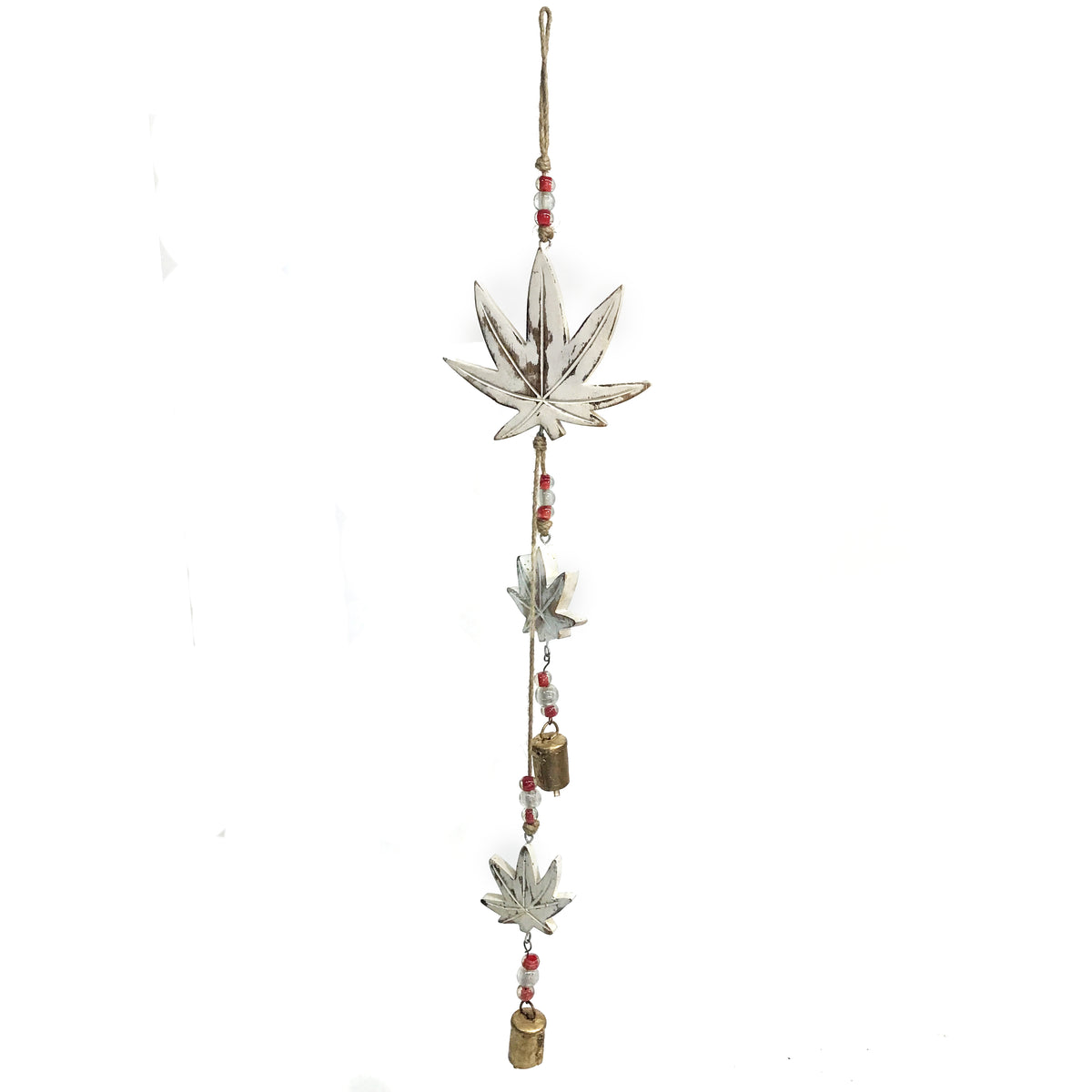 Mango Wood Bell Chime, Weed Leaf, Vintage White