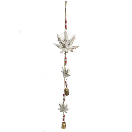 Mango Wood Bell Chime, Weed Leaf, Vintage White
