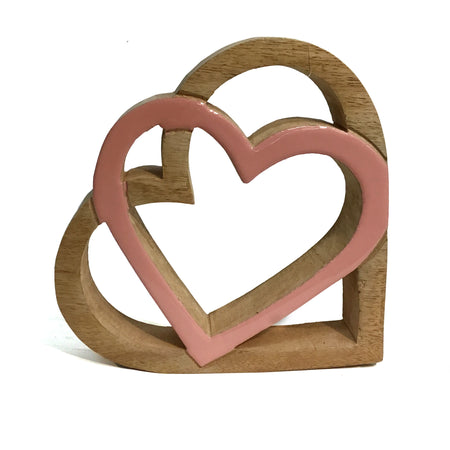 Mango Wood Standing Heart- Double Open Heart Pink