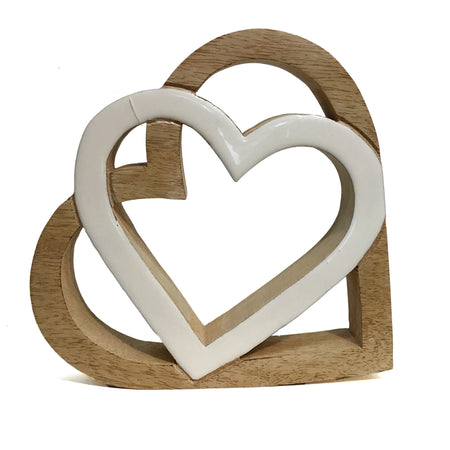 Mango Wood Standing Heart- Double Open Heart White