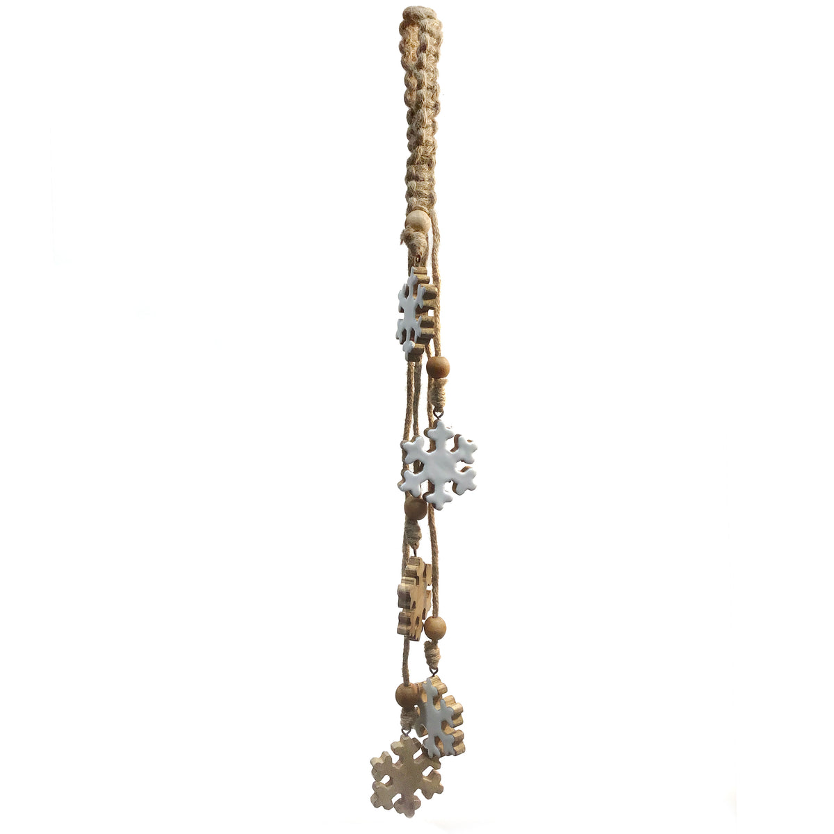 Mango Wood String of Ornaments-Snowflakes White