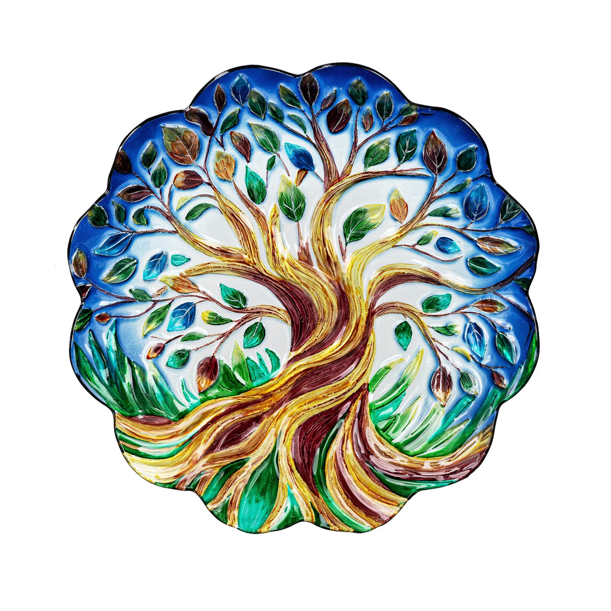 Birdbath, Embossed Glass 18in, Tree Of Life