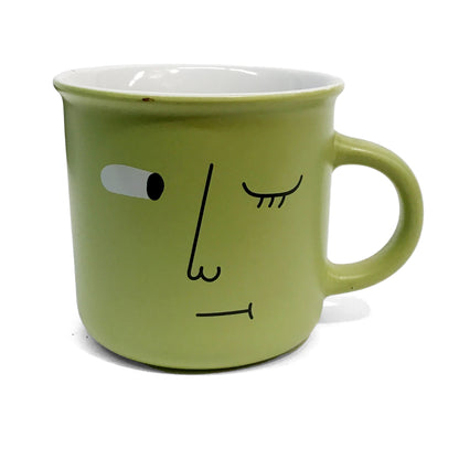 Green Ceramic Mug with Face, 4 Assorted