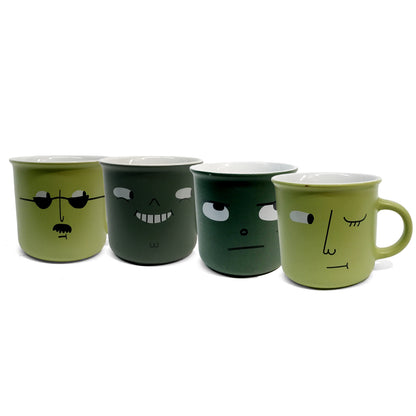 Green Ceramic Mug with Face, 4 Assorted