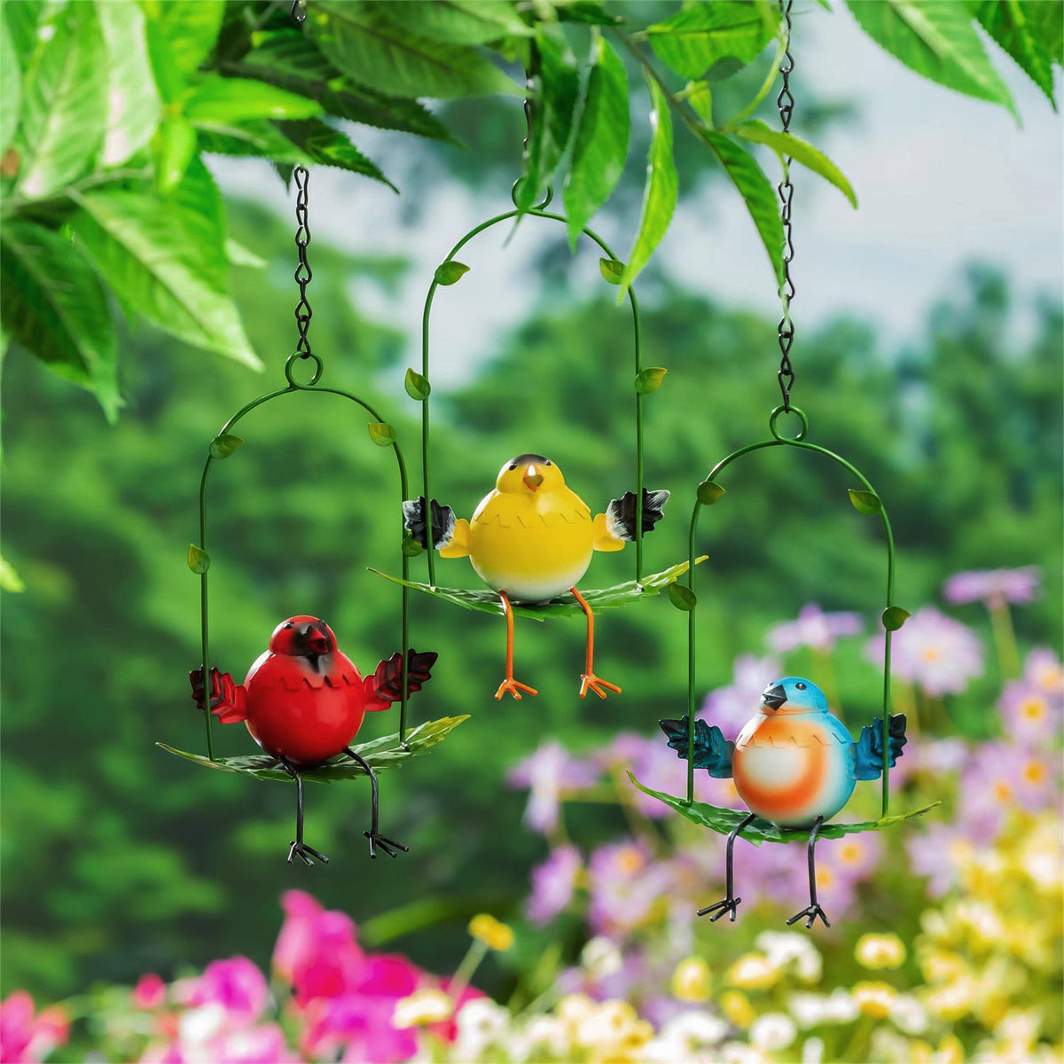 Hanging Decor, Metal, Birds On Swing, 3 Assorted