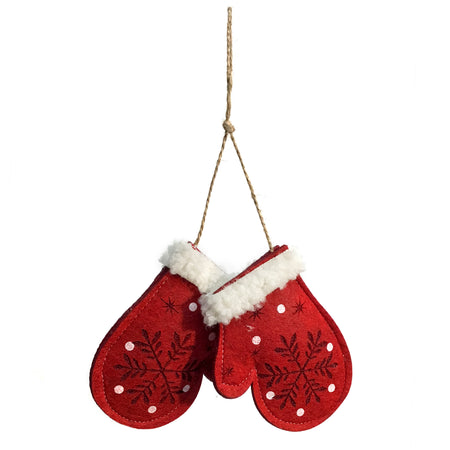 Ornament, Felt Mittens, Red W/ White Snowflakes