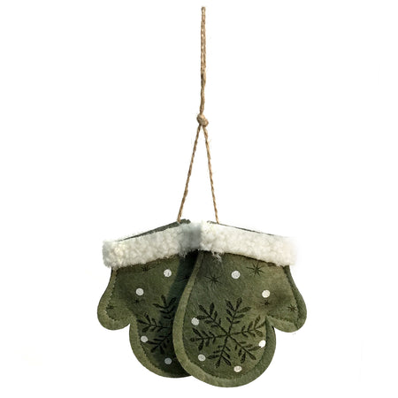 Ornament, Felt Mittens, Green W/ White Snowflakes