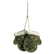 Ornament, Felt Mittens, Green W/ White Snowflakes