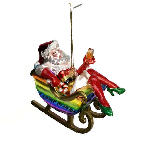 Ornament, Glass, Drag Santa, Sleigh
