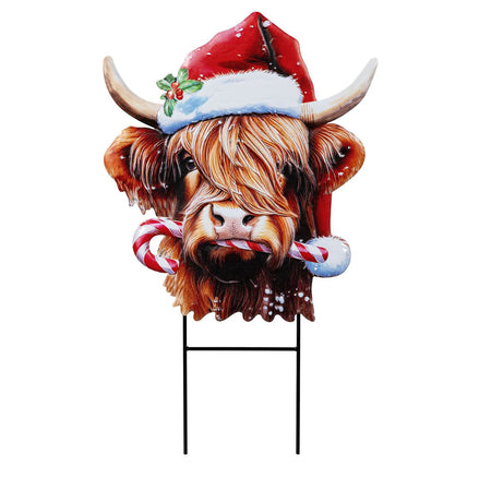 Garden Stake, 23", Xmas Highland Cow