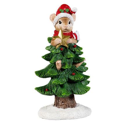Decor Statue, Resin, Mouse In Christmas Tree