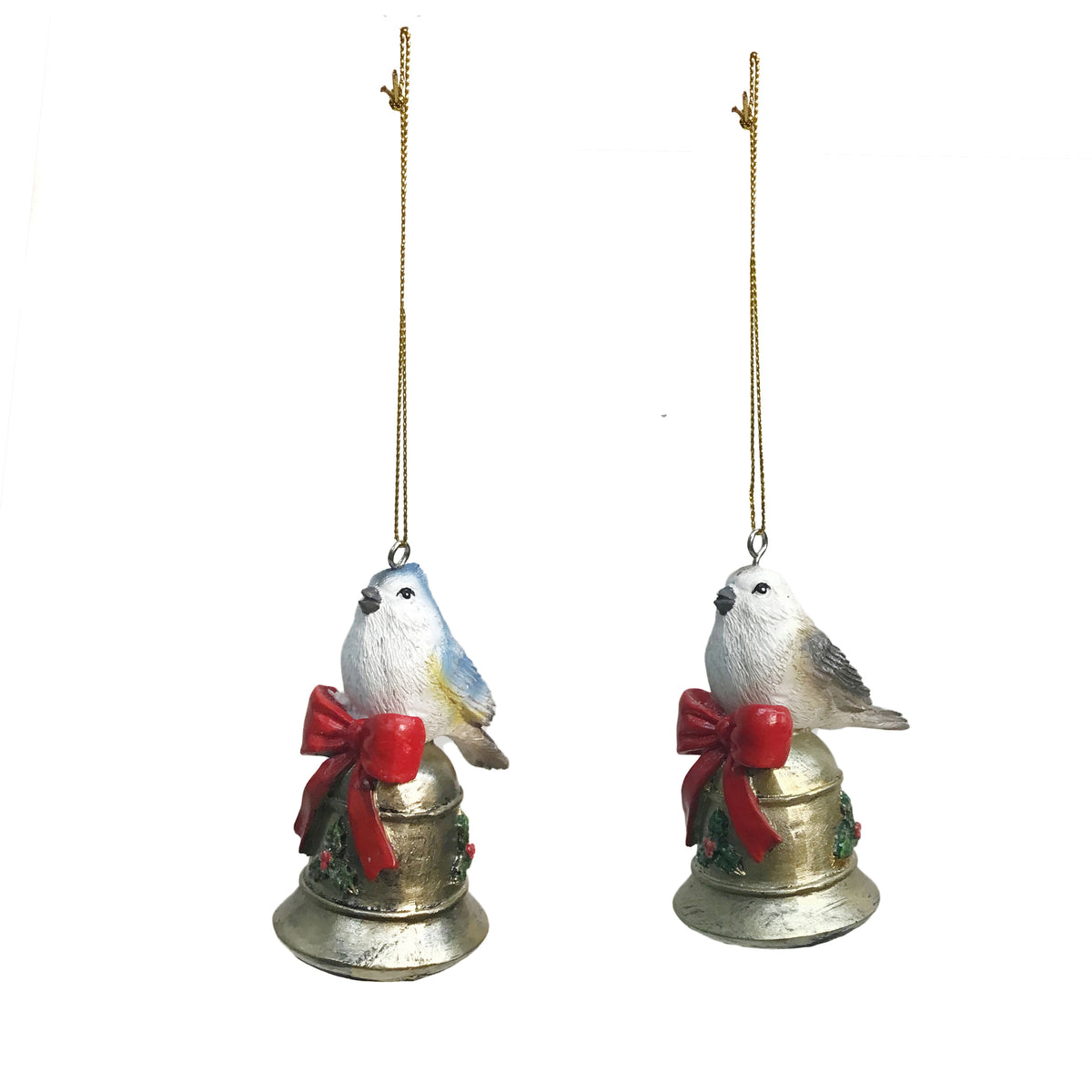 Ornament, Resin, Birds On Gold Bells, Assorted