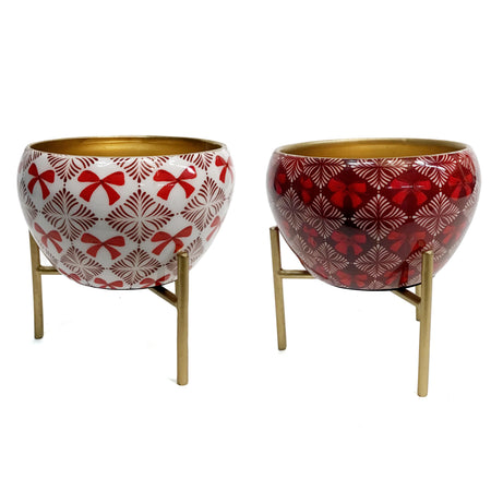 Planter With Stand, metal, Red Bows, Assorted