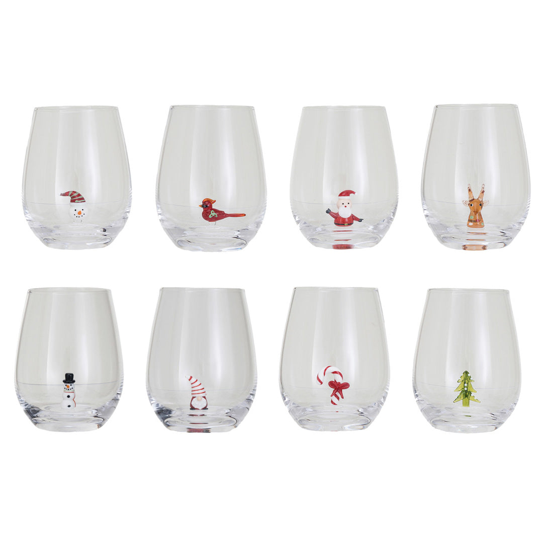 Stemless Glass, Hand-Blown Holiday, Figure Inside