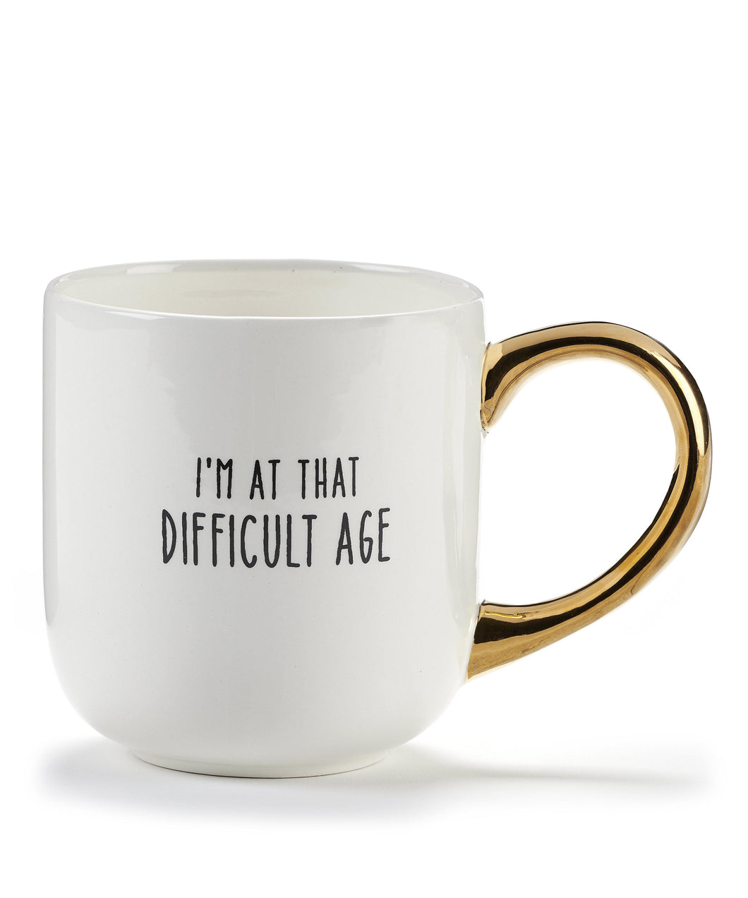 Ceramic Mug, White, Gold Hdl, 16oz, Difficult Age - Floral Acres Greenhouse & Garden Centre