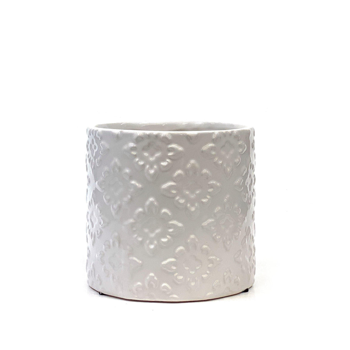Pot, 4in, Ceramic, Dolomite, Floral Motif White - Floral Acres Greenhouse & Garden Centre