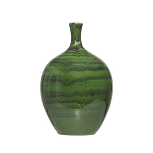 Stoneware Vase, Striped, Green, 9in