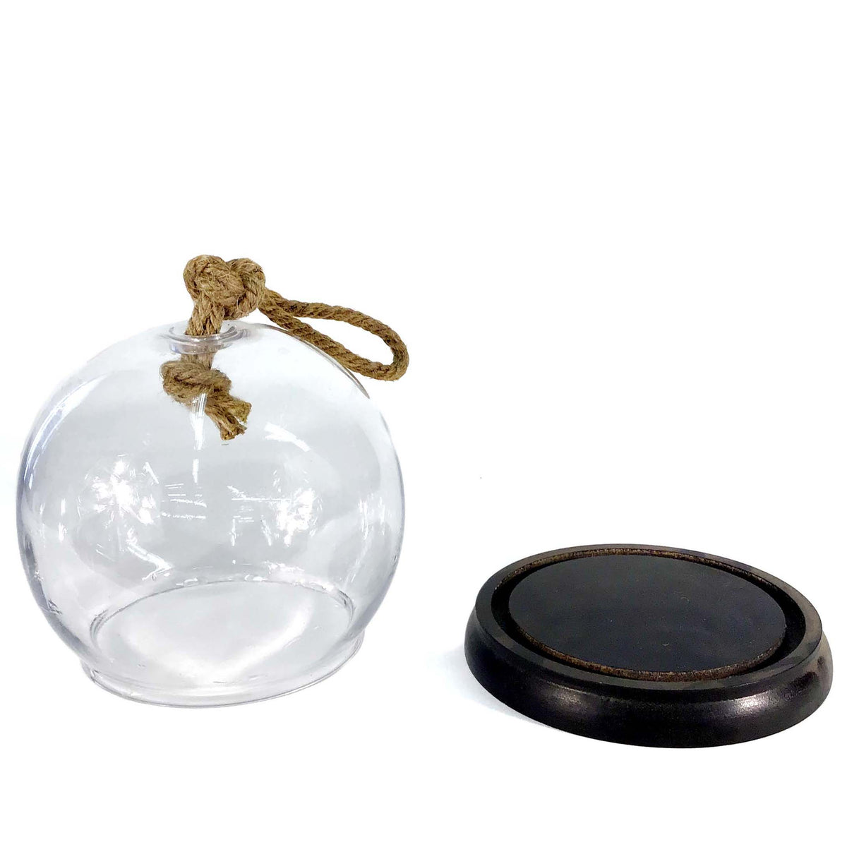 Hanging Cloche, Glass, w/ Base & Rope, 8in