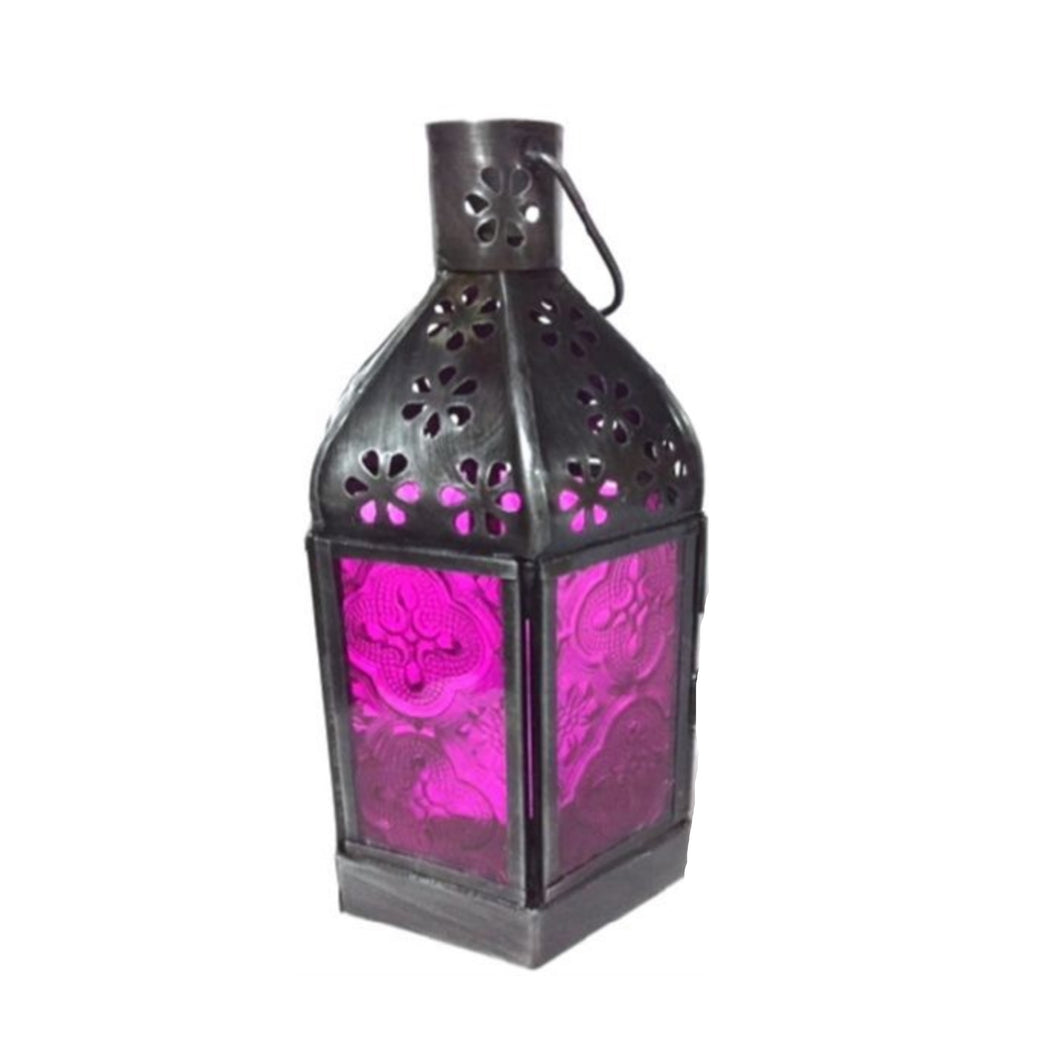 Moroccan Style Glass and Iron Lantern, Pink - Floral Acres Greenhouse & Garden Centre