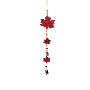 Mango Wood Bell Chime, Maple Leaves, Vintage Red - Floral Acres Greenhouse & Garden Centre